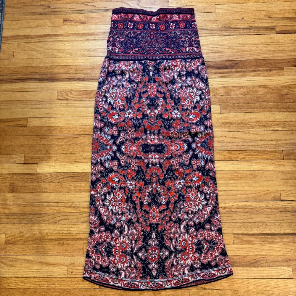 Peruvian Connection Pima Cotton Knit Maxi Skirt Red Navy Paisley Boho Sz Medium
